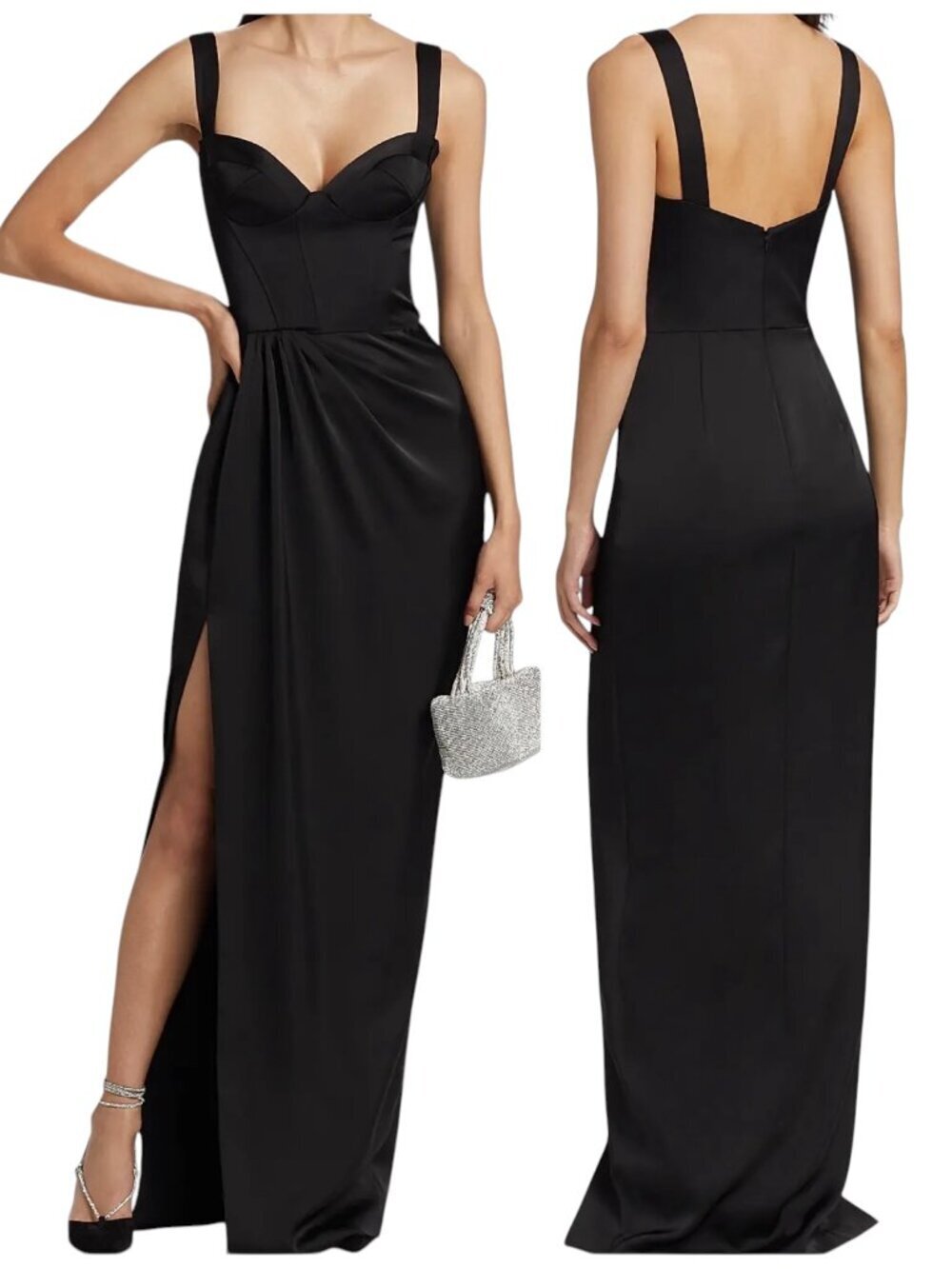 Marchesa Notte Black Satin Bustier Gown Slit Size 6 NWT